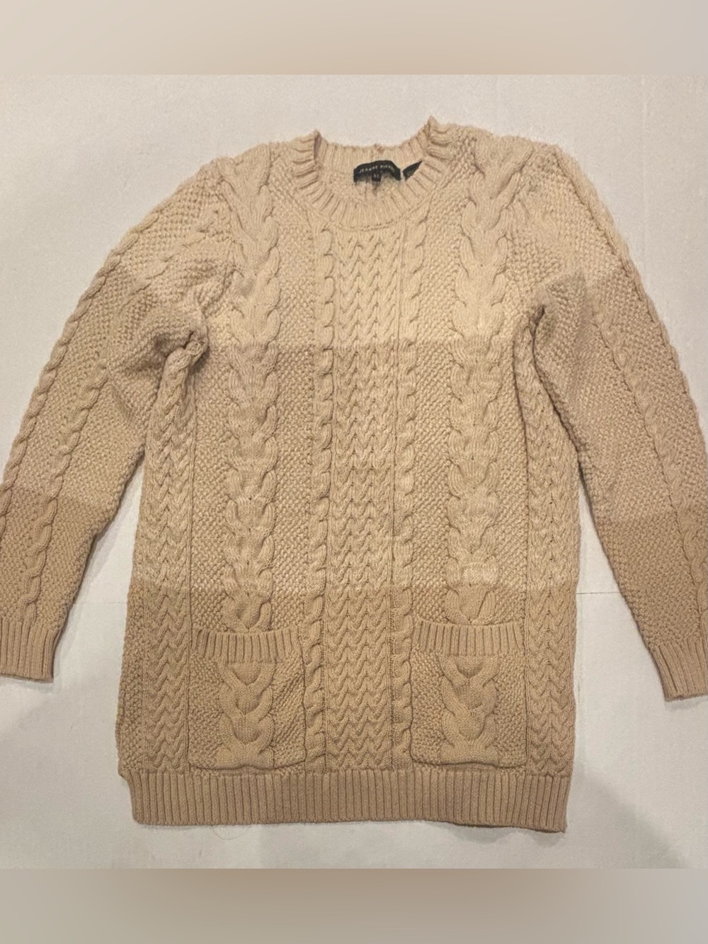 JEANNE PIERRE Cream Cable Knit Crewneck Sweater with Pocket Detail
